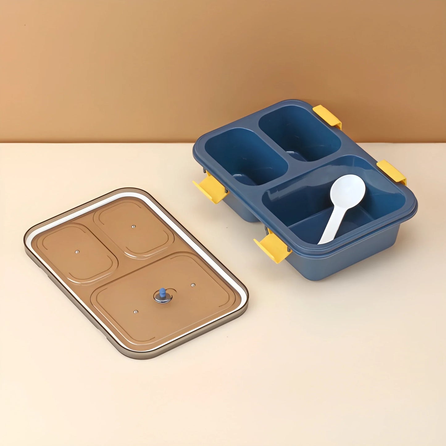3-compartment lunch box with lid and spoon, dark blue with yellow latches