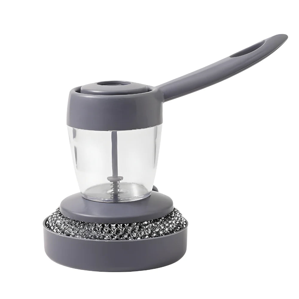 Soap dispensing scrub brush with gray handle and abrasive base