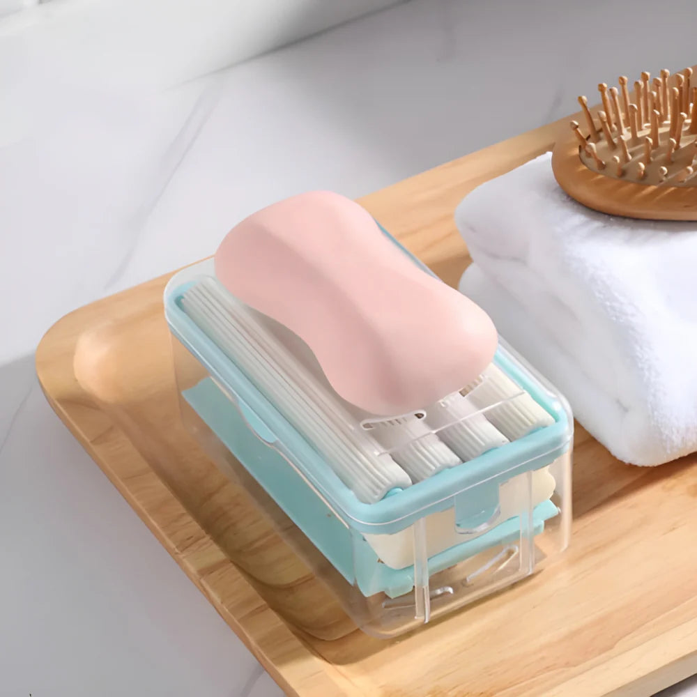 Soap roller case with light blue plastic holder and roller brush