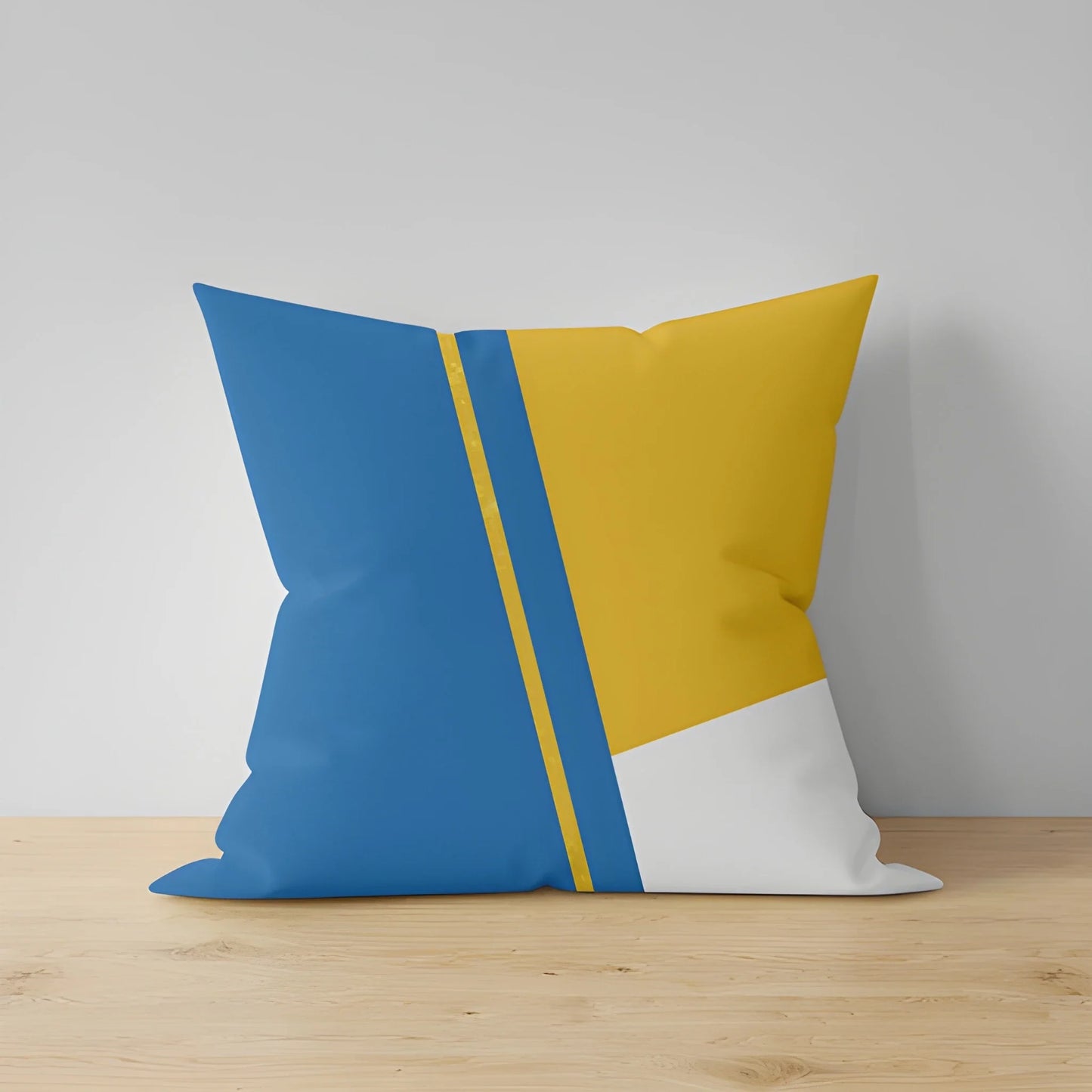 Decorative pillow cover, two-tone blue and yellow color-block with contrast seam