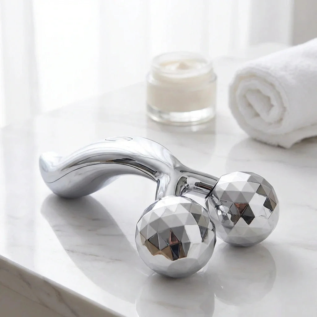 Solar-powered facial massager with two diamond-pattern roller heads, chrome finish
