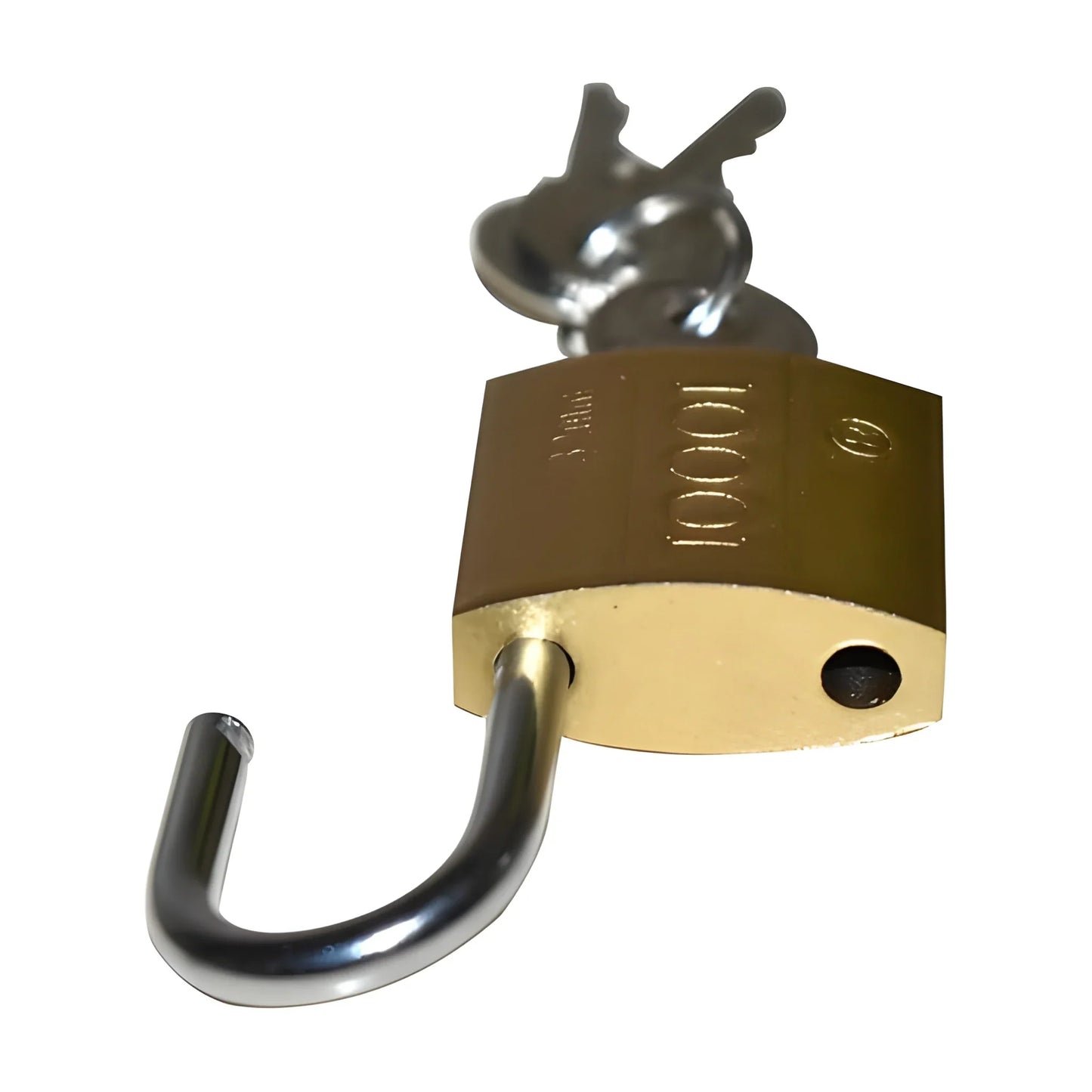 Multipurpose padlock with brass-colored body and black U-shaped shackle