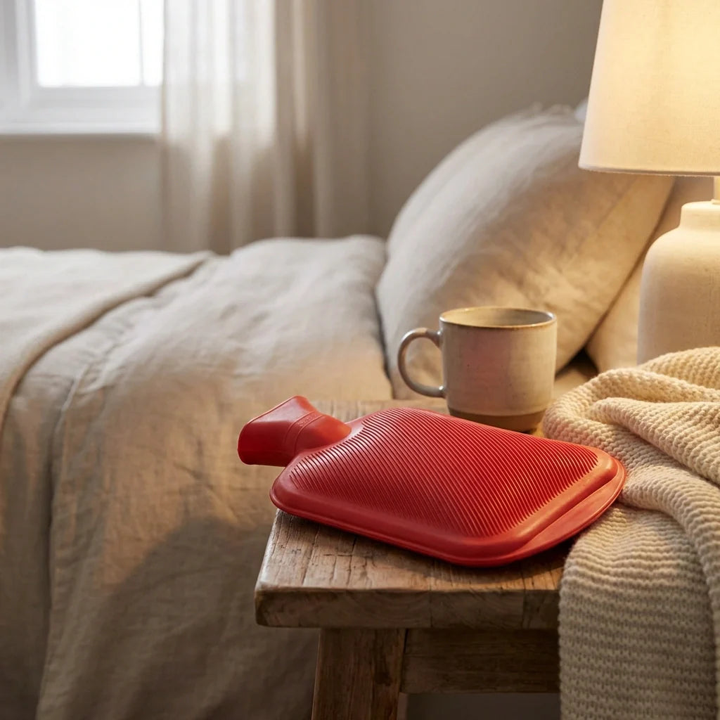 Red ribbed soothing heat therapy bag with screw cap