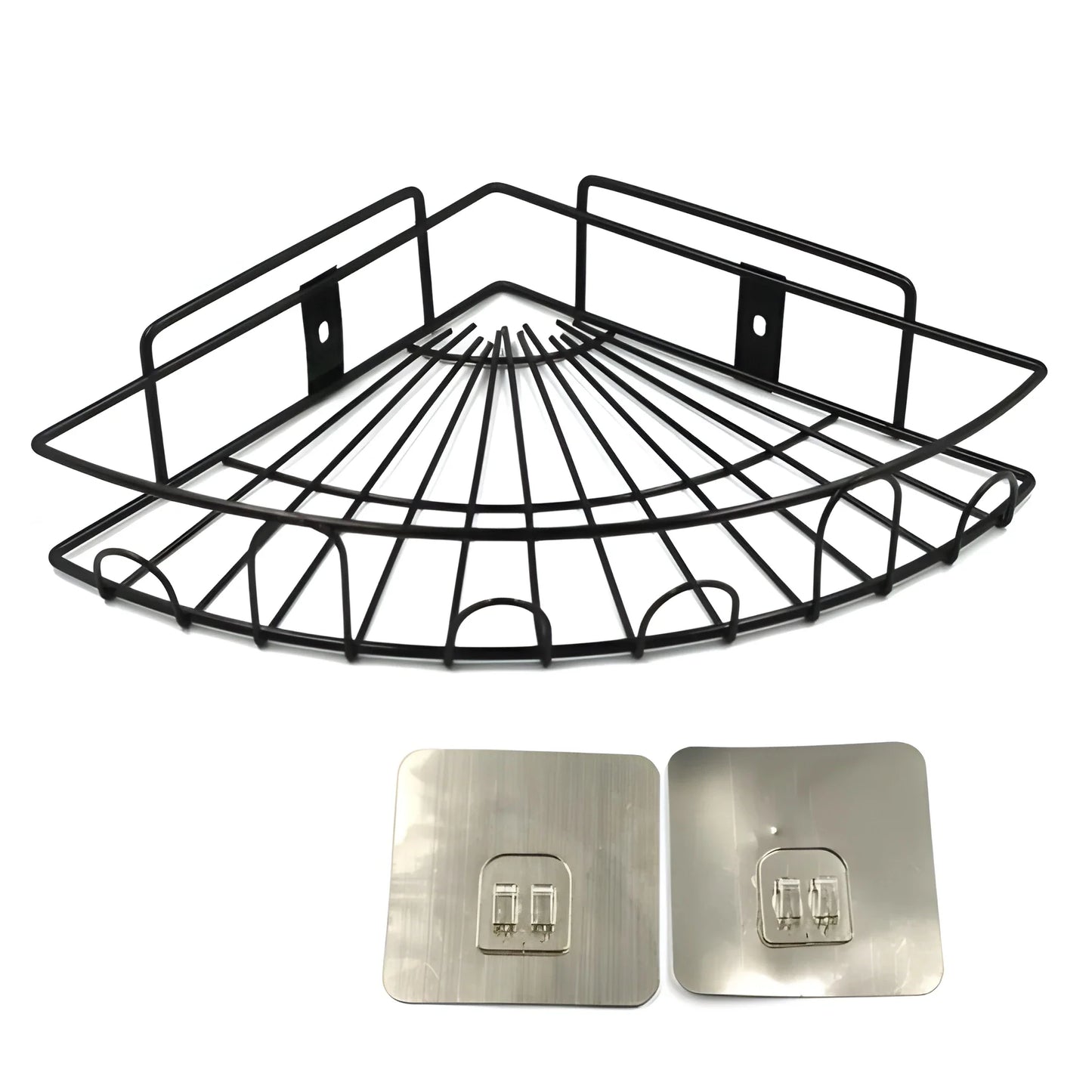 Corner wire organizer rack with curved grid base and two metal wall plates