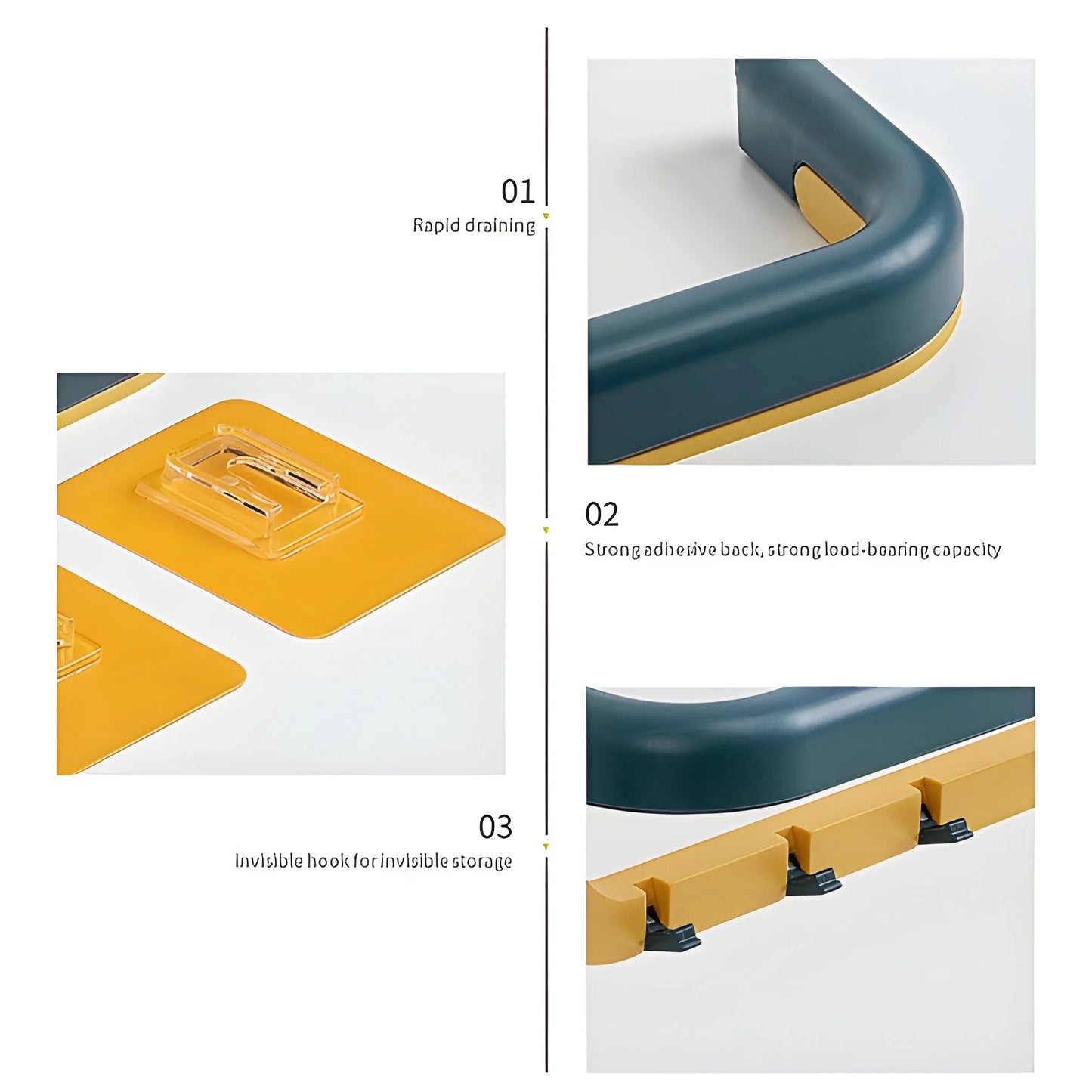 Foldable towel rack with teal curved bar and yellow mounting feet, showing attachment hooks.