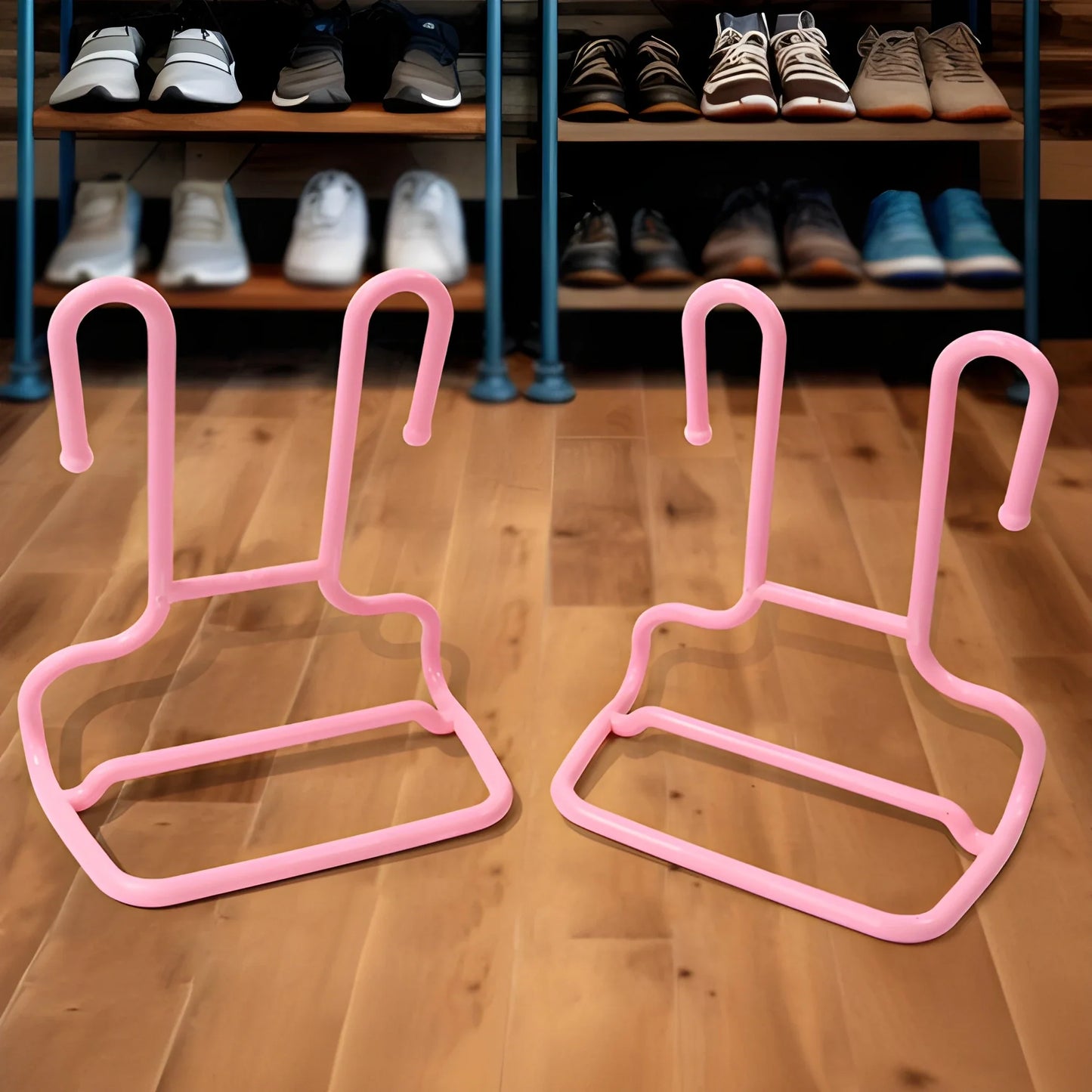 Pink hanging shoe rack with two U-shaped holders