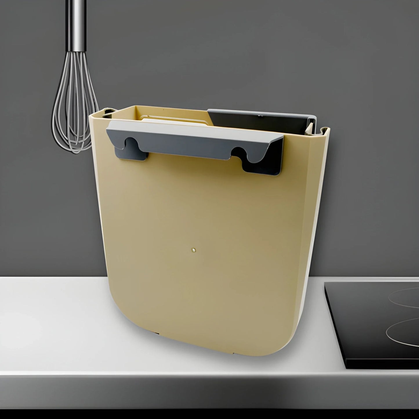 Hanging trash can with open top and wire hanger, beige plastic bin