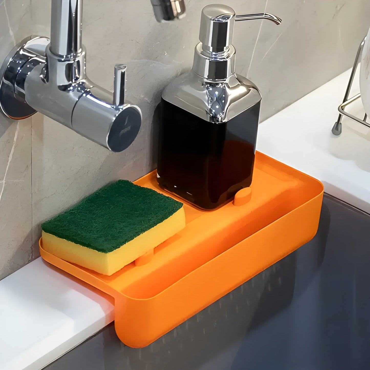 Orange sink drainer shelf with raised edge for sponge and soap