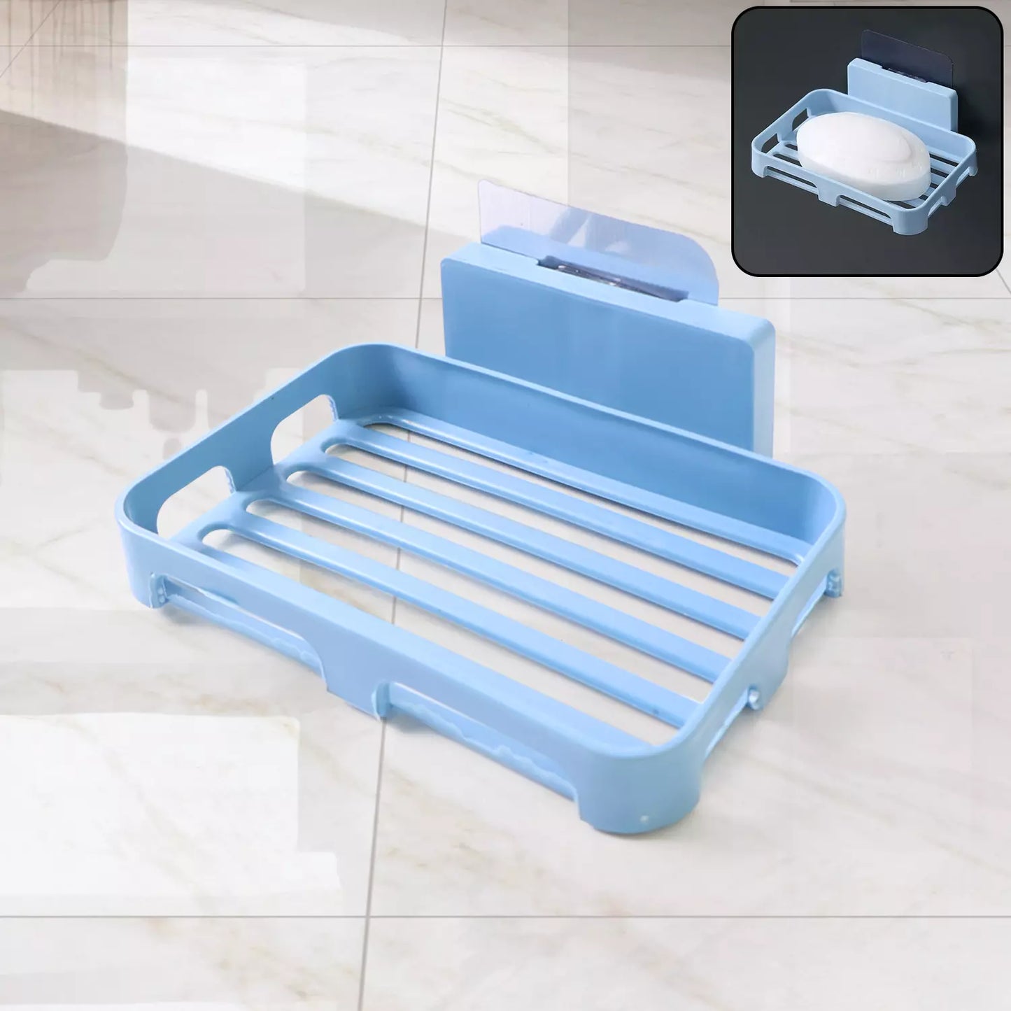 Blue plastic soap saver tray with draining ridges and open frame