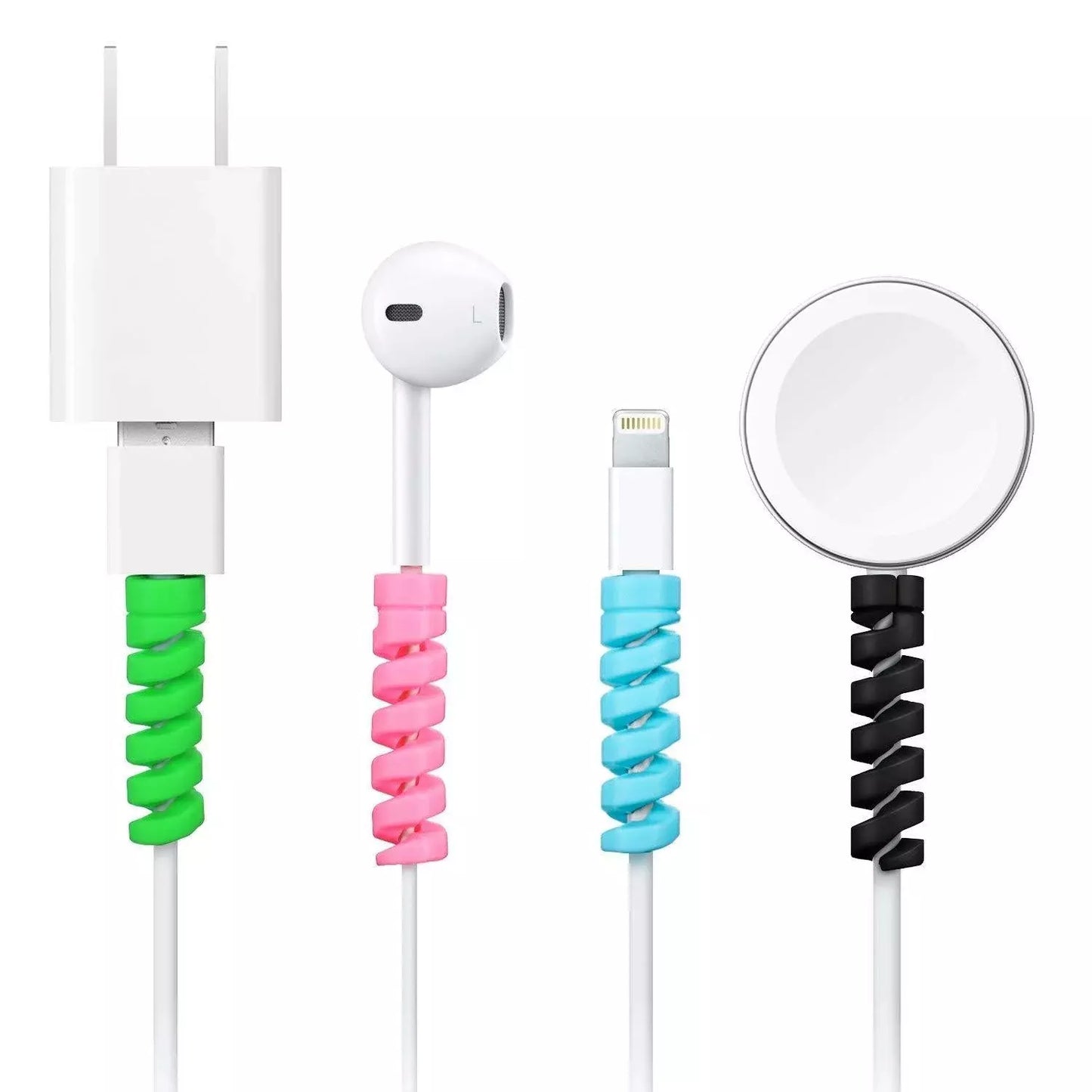 Spiral cable protector set with white charging cables and green, pink, blue, black coils