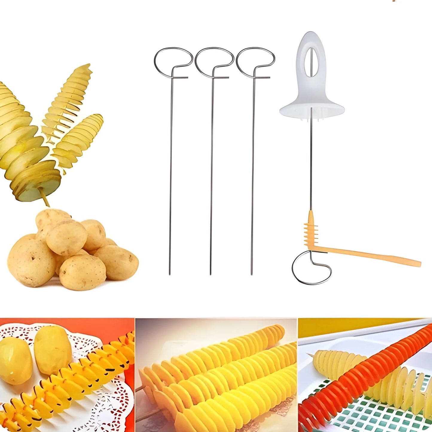Spiral potato tornado cutter with three metal prongs and white plastic handle