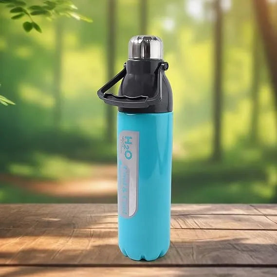 Sports insulated water bottle, light blue with black flip-top lid and strap