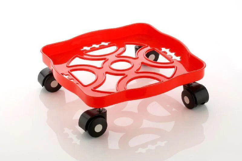 Red square gas cylinder trolley with flat platform and four caster wheels