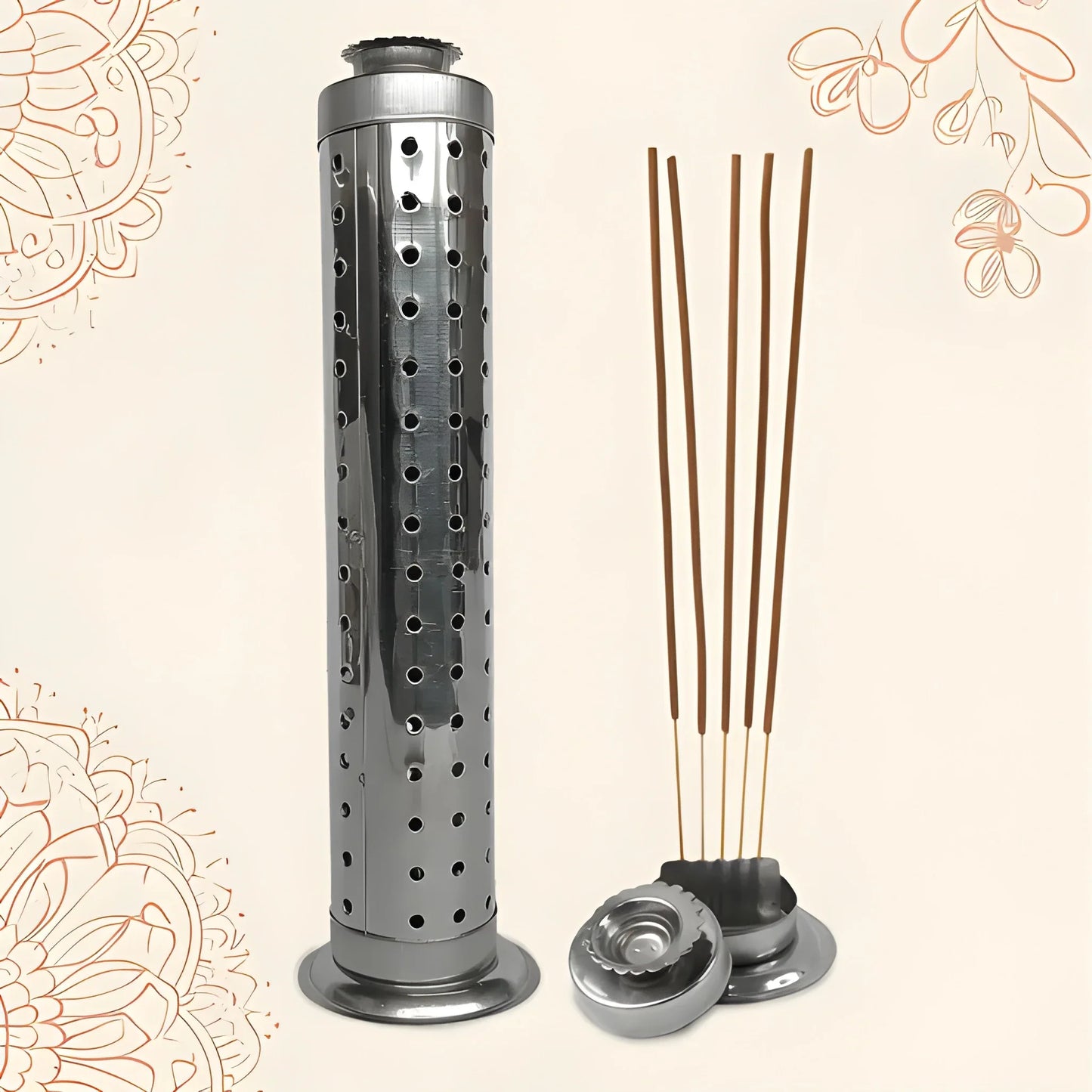 Stainless agarbatti stand with perforated cylinder, base plate, and four incense sticks