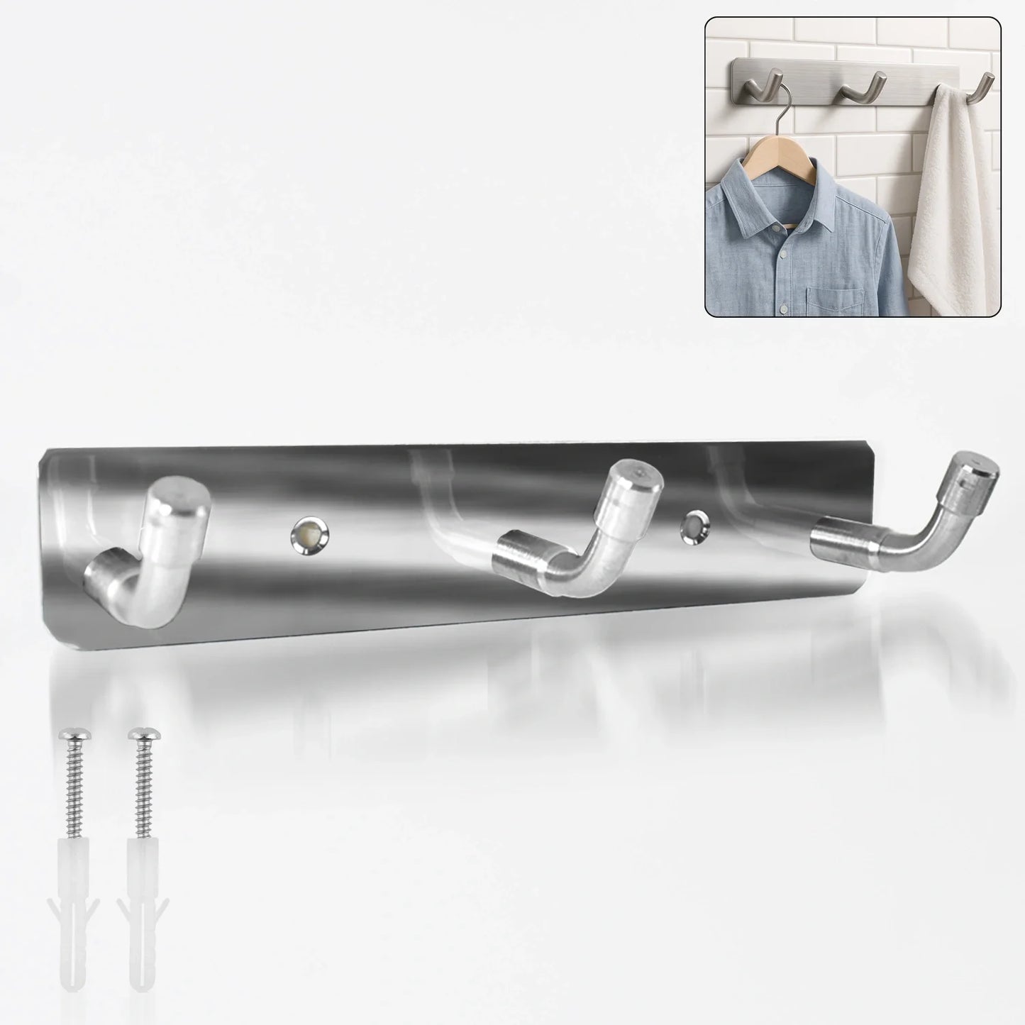 Stainless steel wall rack with three hooks and mounting screws