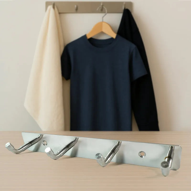 Stainless steel 4-hook wall rack with four curved hooks