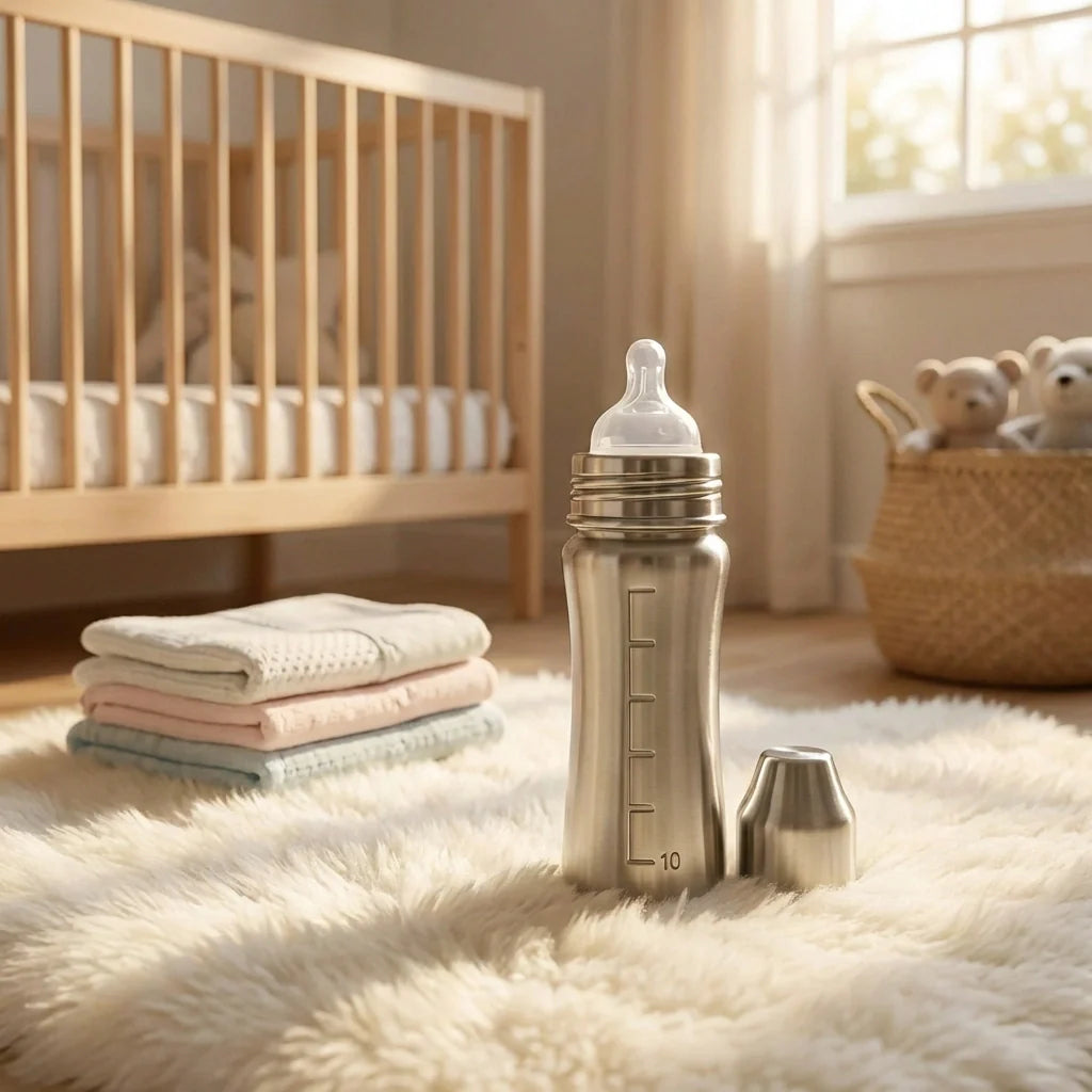 Stainless steel baby bottle with clear nipple and embossed measurement scale