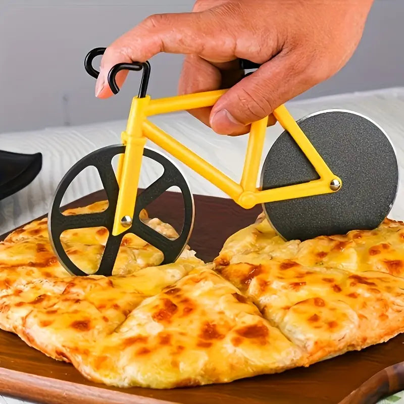 Bicycle-shaped pizza cutter with stainless steel wheels and yellow handle