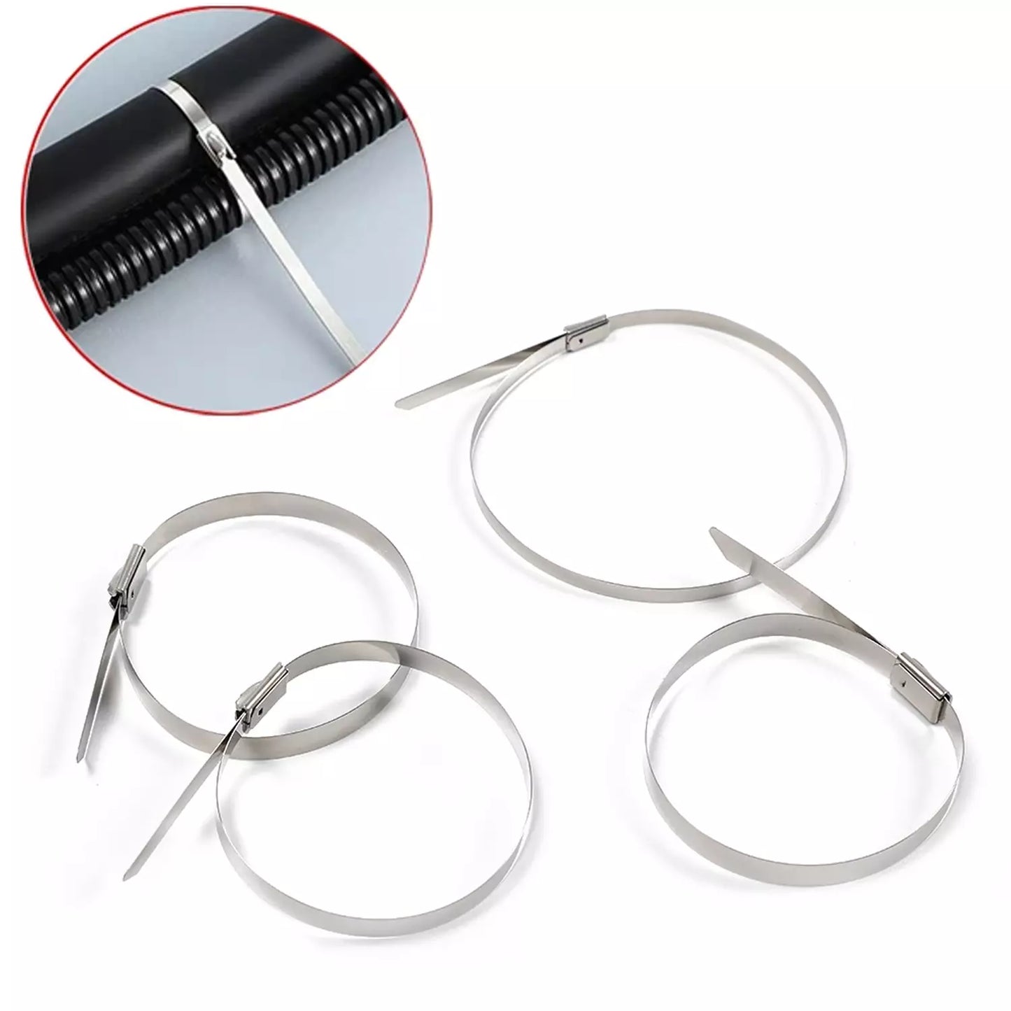 Stainless steel cable ties with locking heads, shown as loops