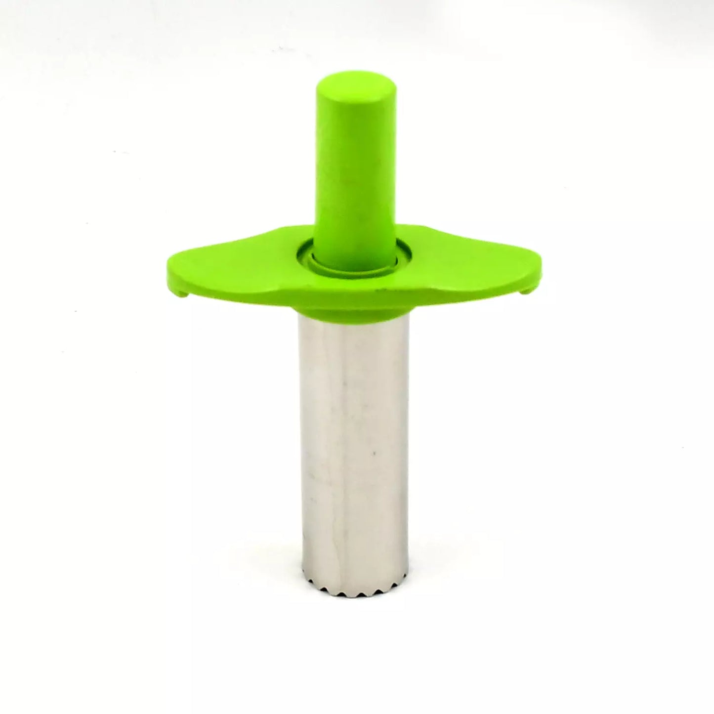 Stainless steel chili corer with green handle and circular cutting base