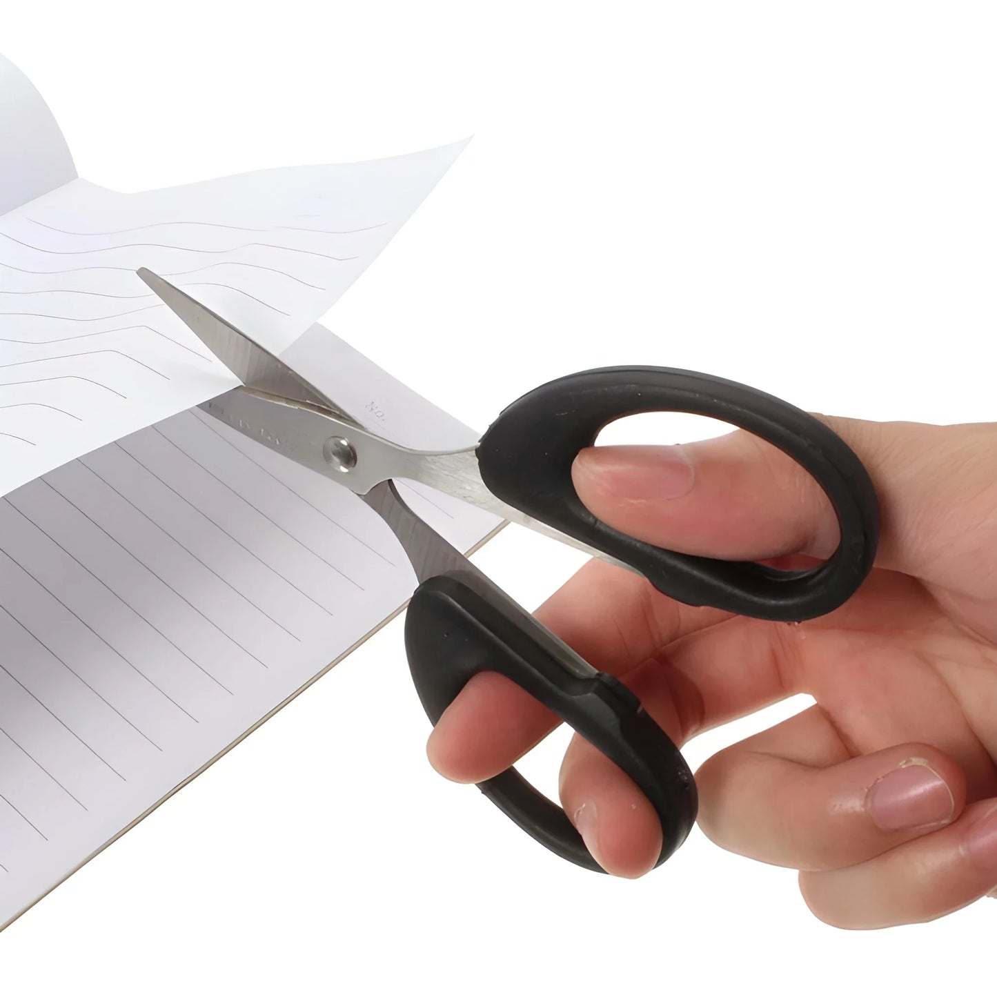Stainless steel comfort scissors with black handle, metal blades