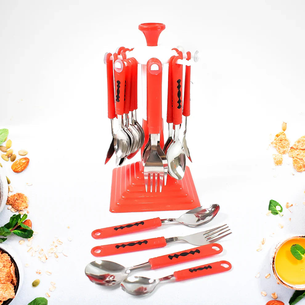 Stainless steel 24-piece cutlery set with red handle forks, spoons, and knives