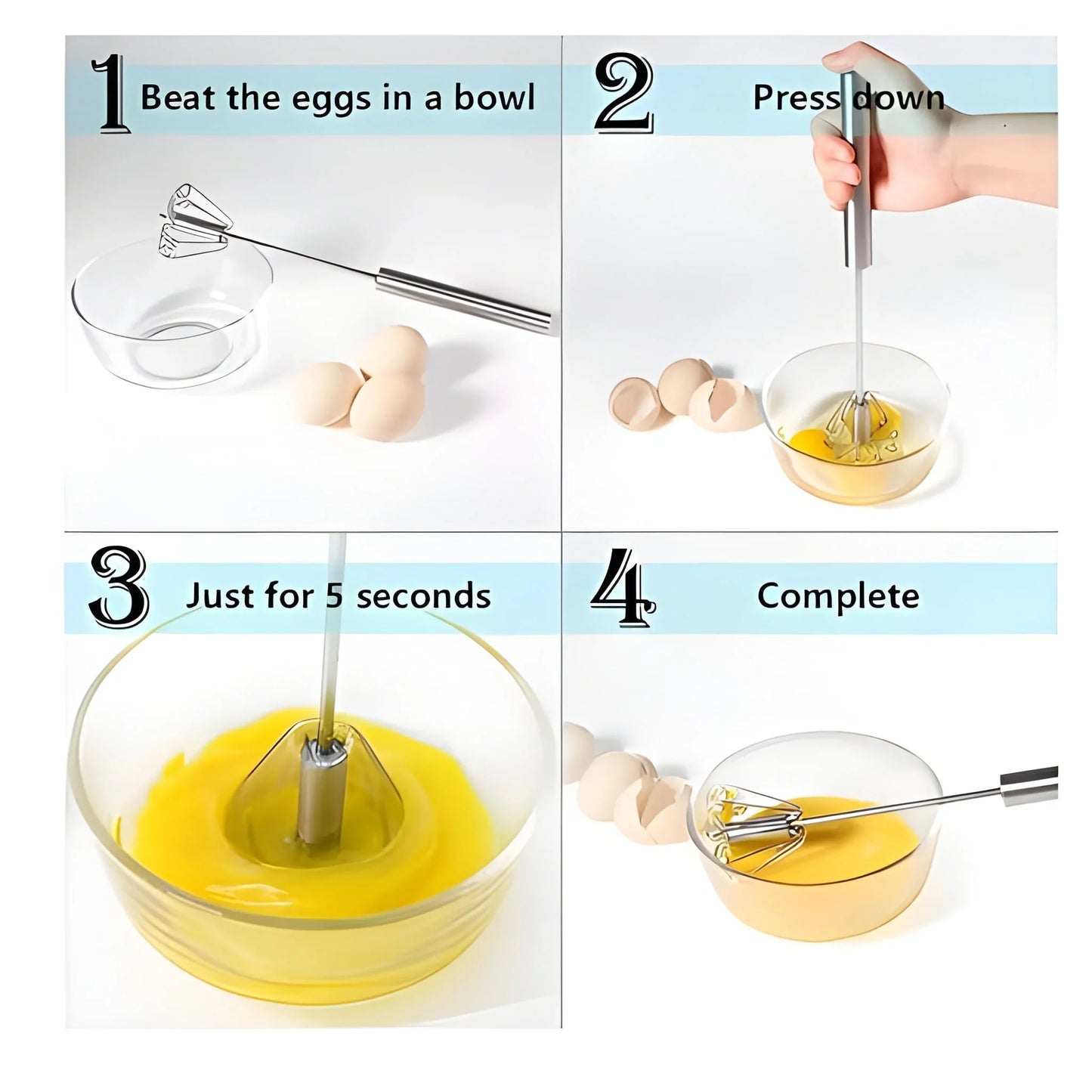 Stainless steel manual hand blender whisk shaft for mixing eggs in a bowl