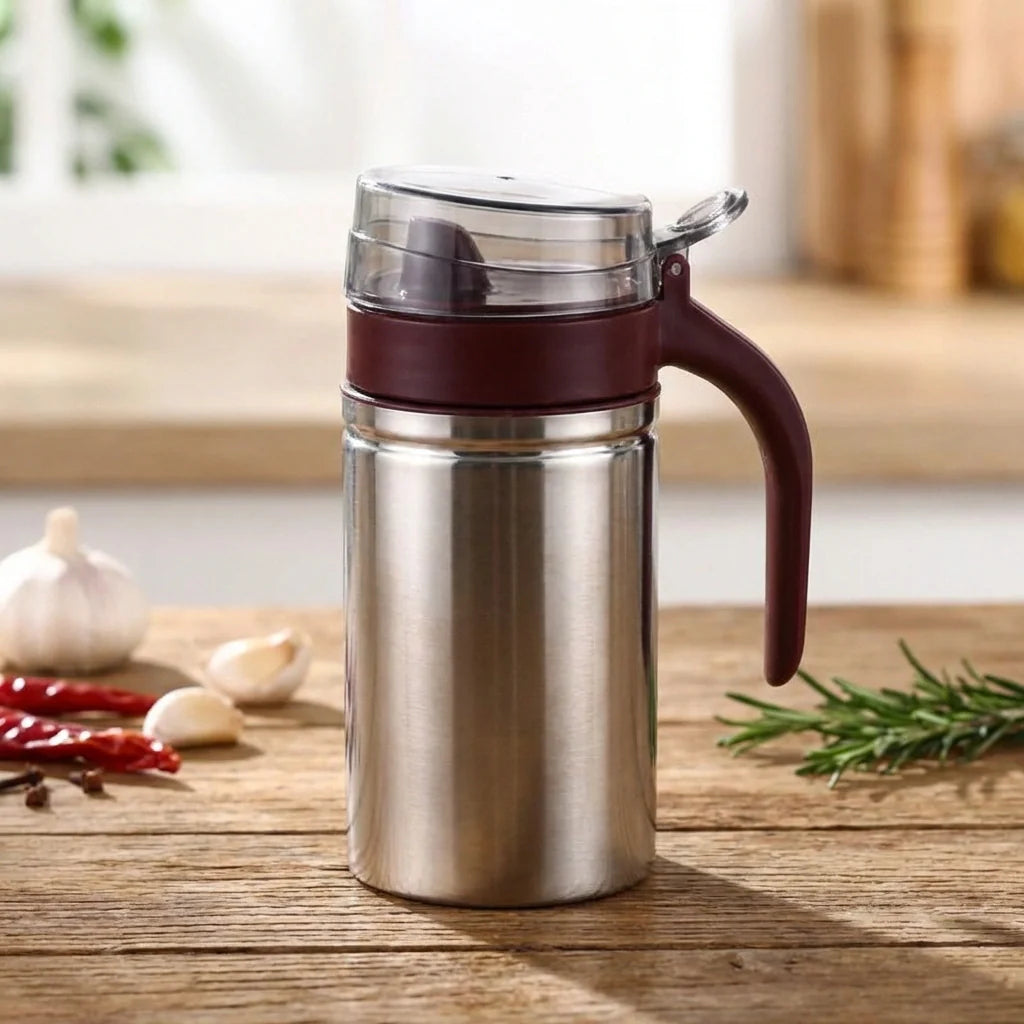 500ml stainless steel oil dispenser with clear top and burgundy handle