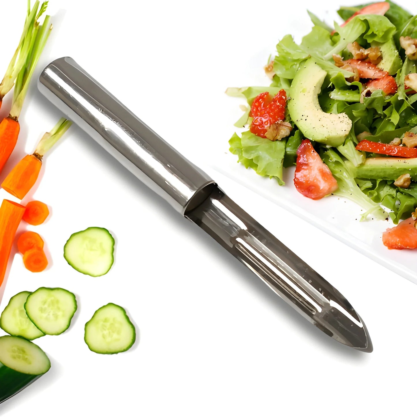 Stainless steel vegetable peeler with wide blade on cutting board
