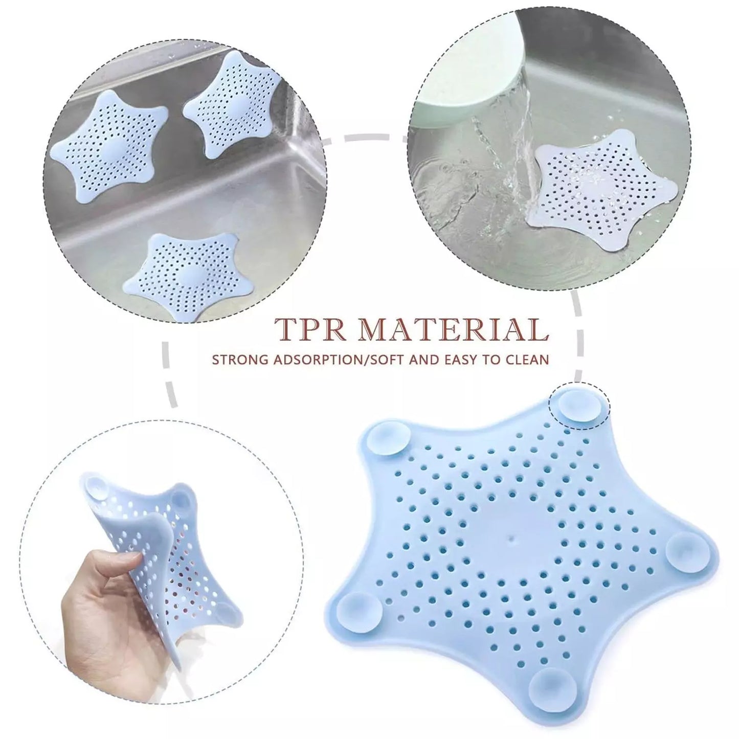 Star-shaped drain strainer in light blue, with perforated star holes and suction cups