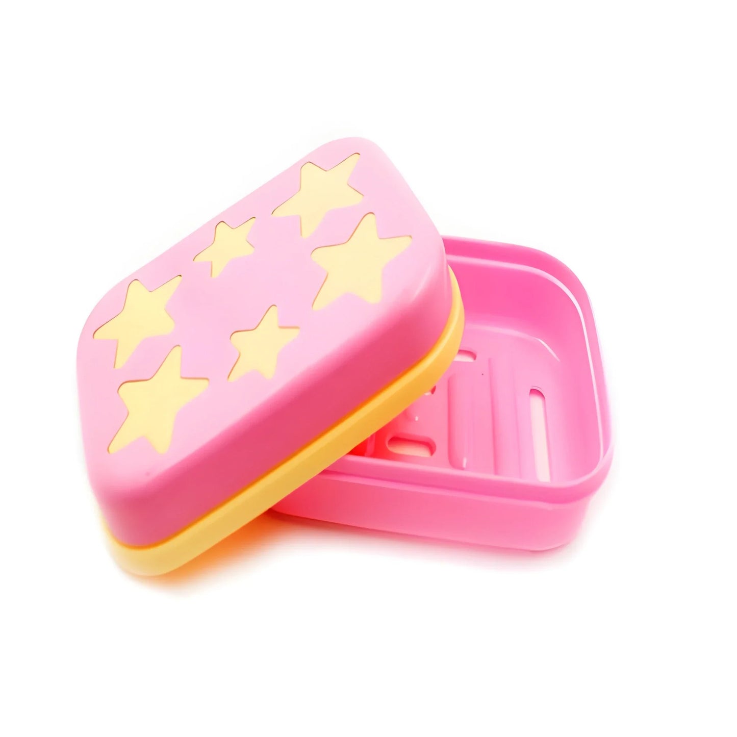 Star-shaped leak-proof soap case with pink lid and yellow star cutouts