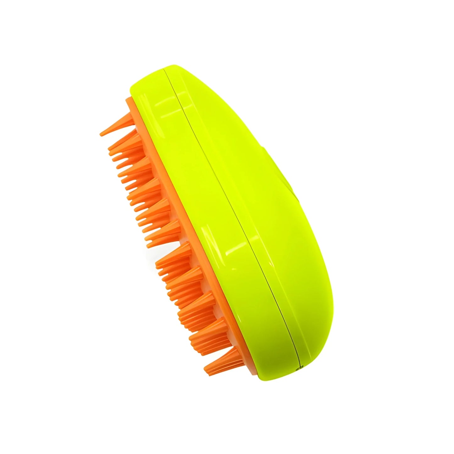 Steam-powered pet grooming brush with bright green handle and orange bristles