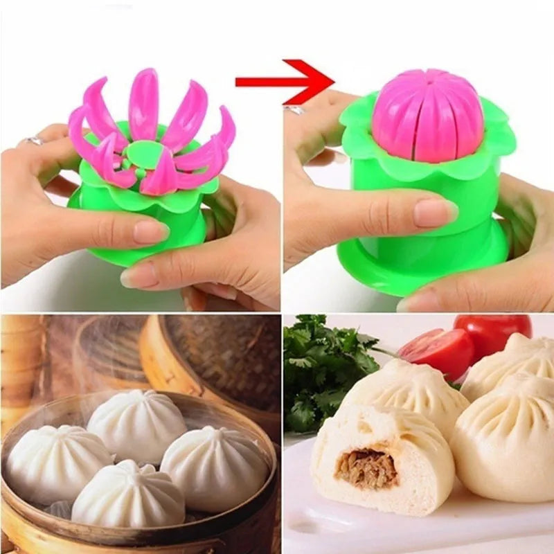 Green steamed stuffed bun mold with pink top piece for shaping dumplings