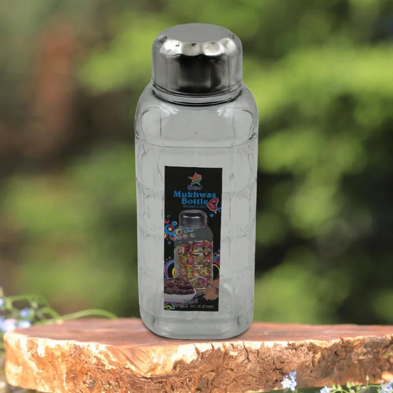 Steel cap storage jar with clear glass body and metal screw-top lid