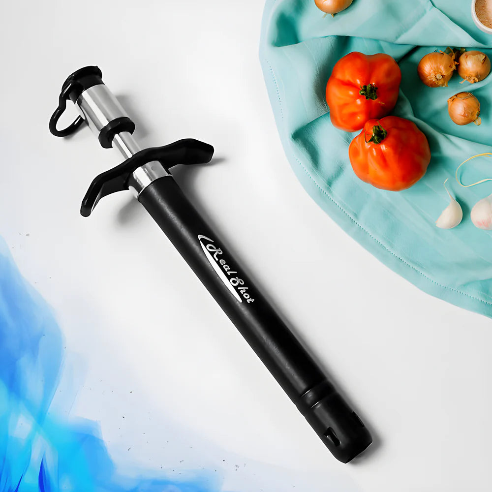 Steel kitchen gas lighter with black body and metal nozzle, finger ignition lever.