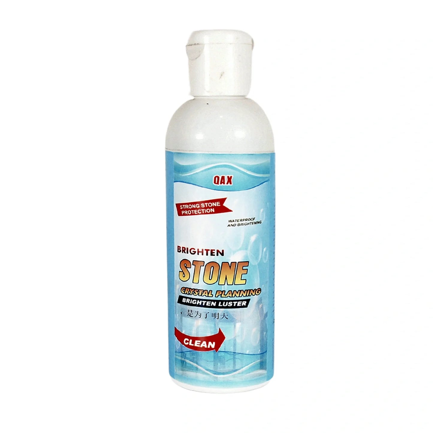 Stone stain remover bottle, 75 ml, clear liquid with blue label