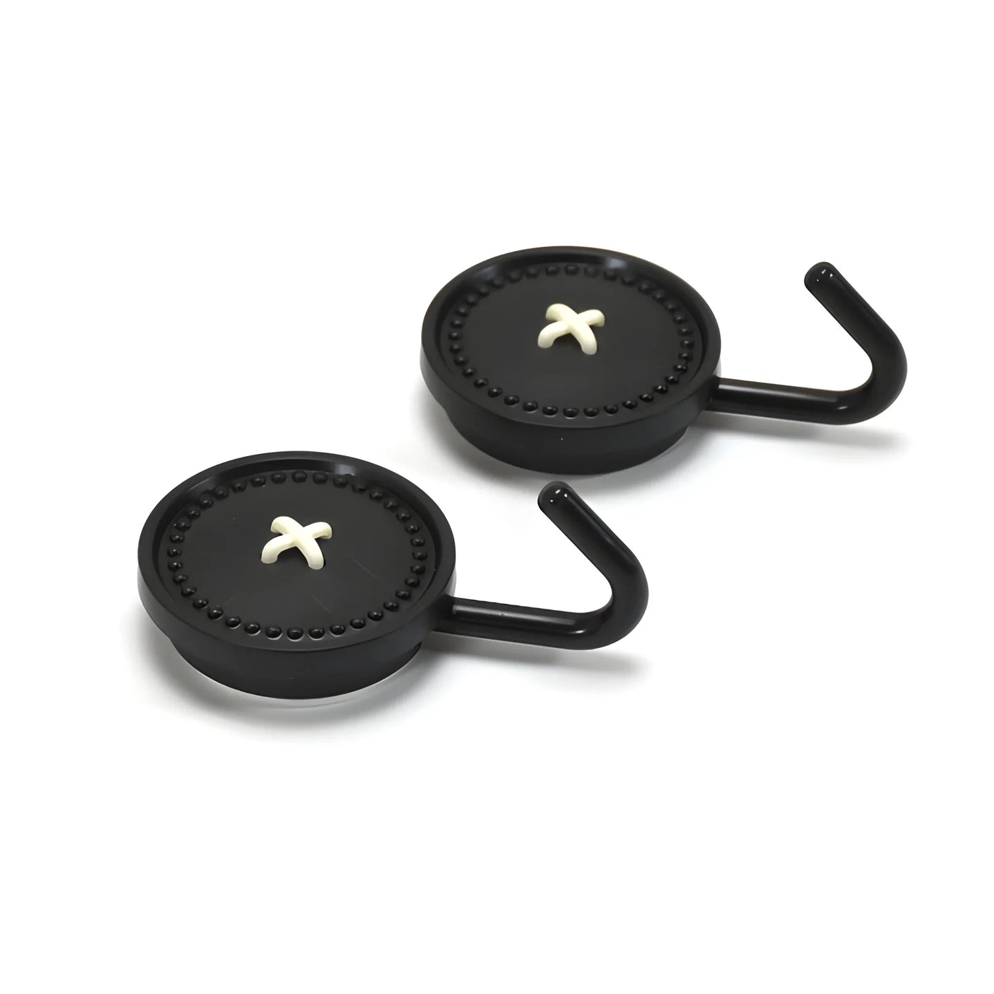 Black adhesive wall hooks with round base and curved S-style metal hook