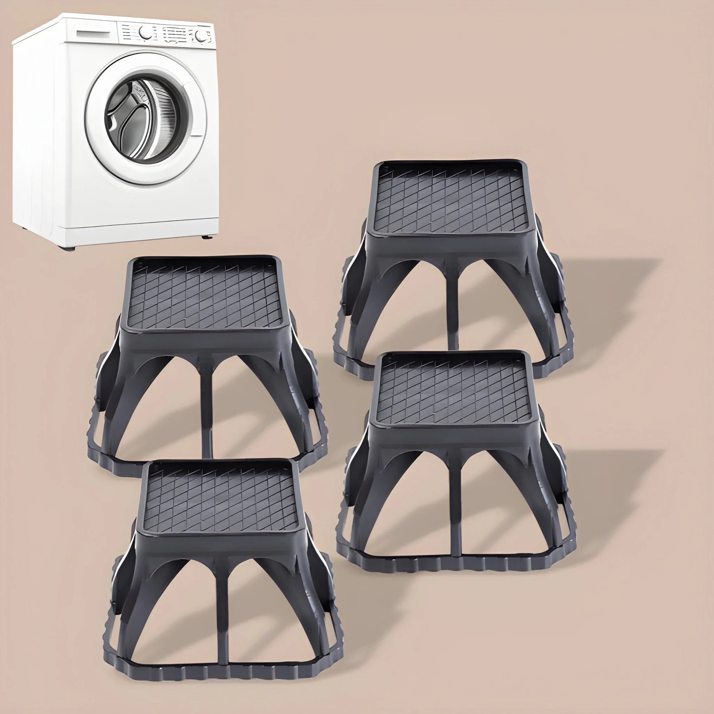 Appliance elevator stand set of four dark plastic risers with textured grid platforms