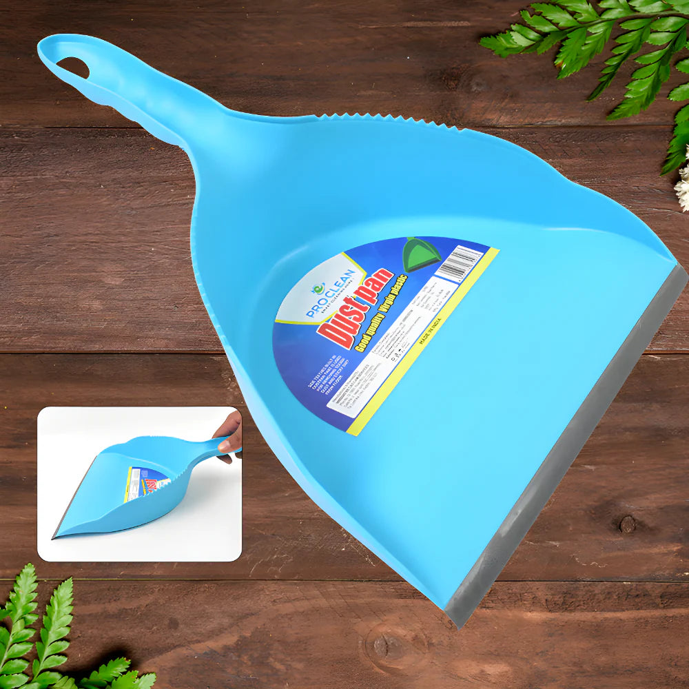 Blue plastic dustpan with wide scoop and attached handle loop