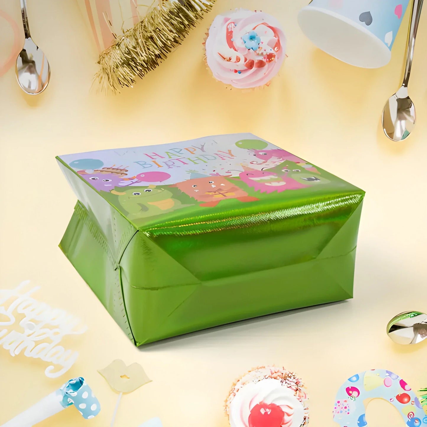 Reusable party bag with green glossy finish and colorful Happy Birthday print on top