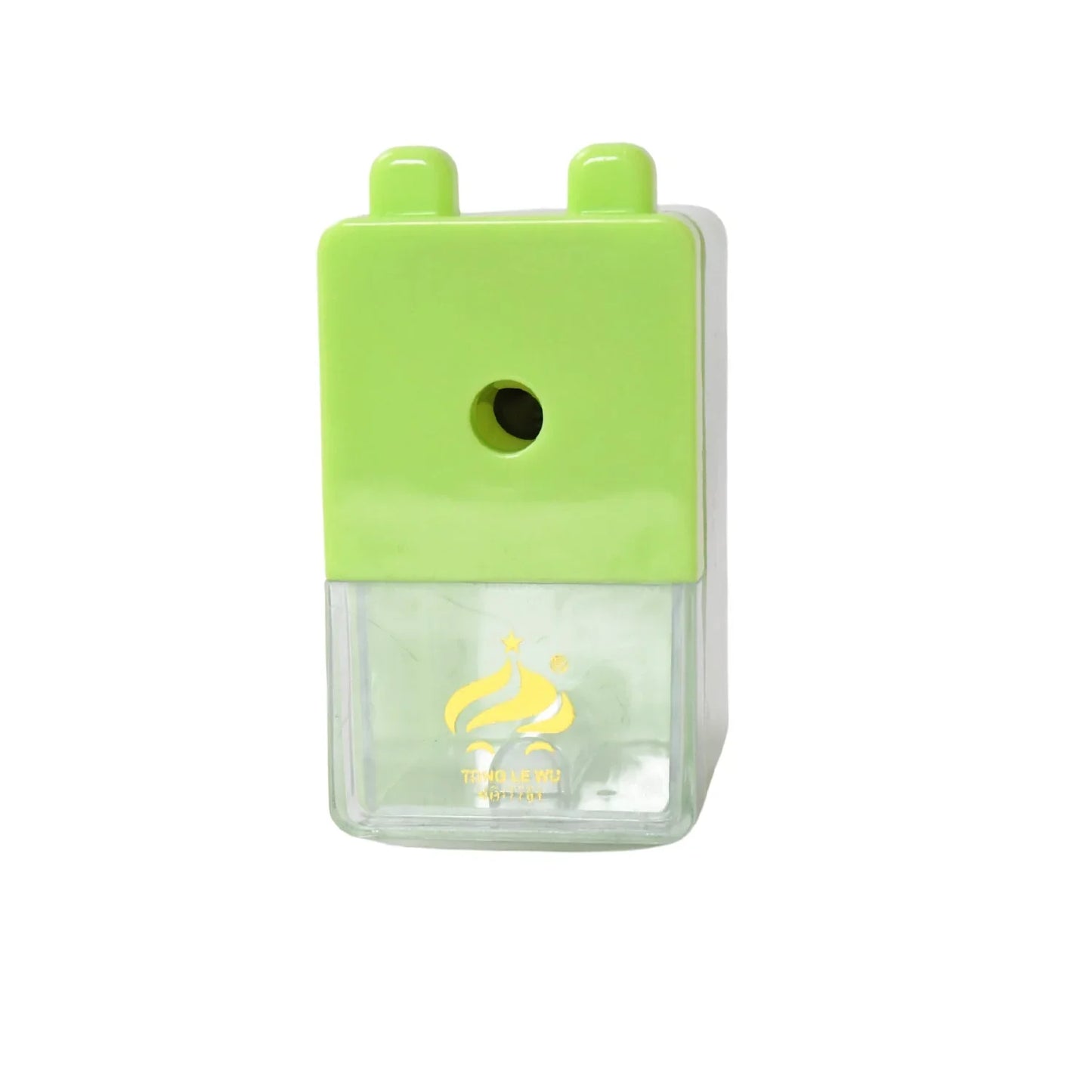 Green and clear table pencil sharpener with round shaving intake window