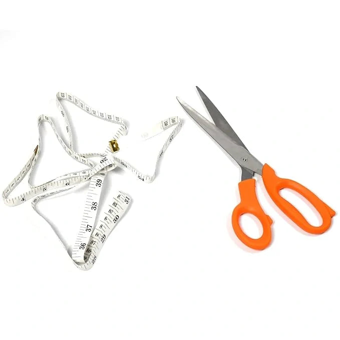 Tailor scissors and measuring tape set with white tape and orange-handled scissors