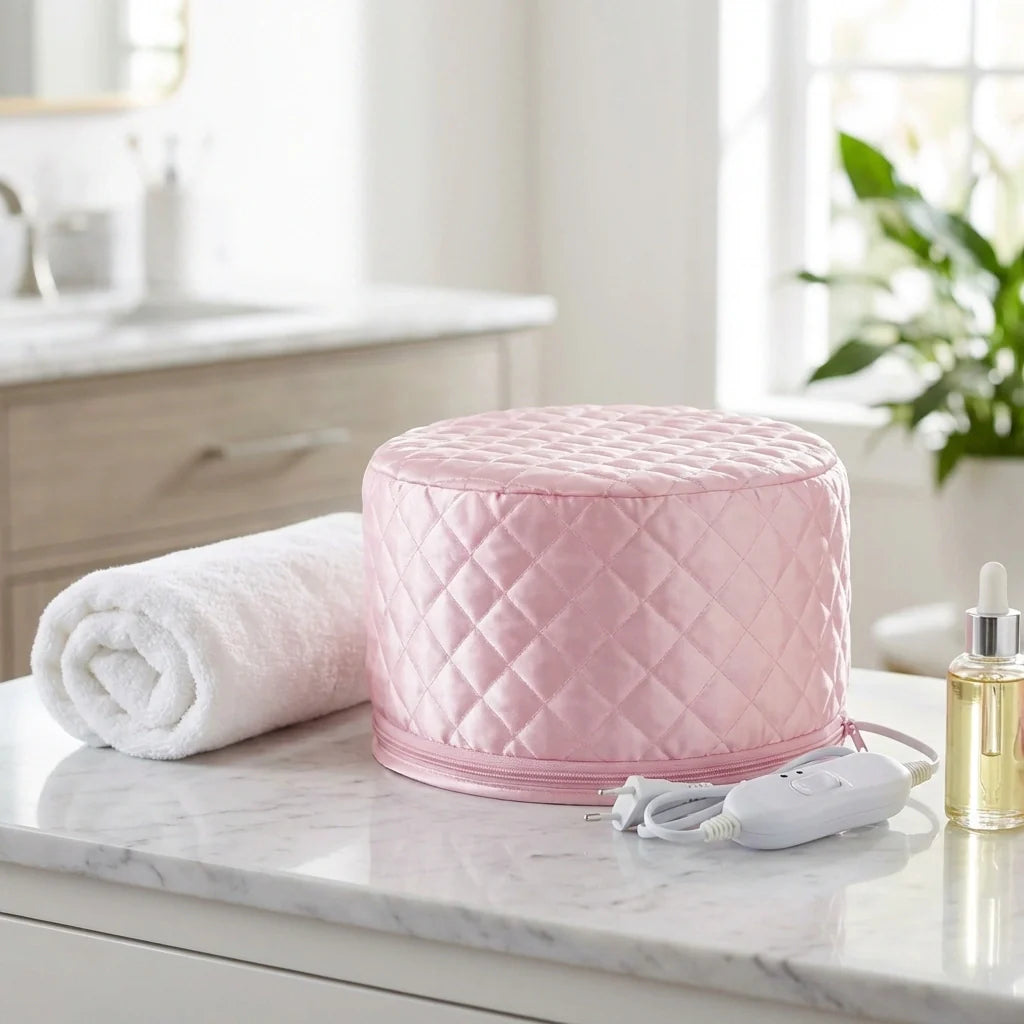 Pink quilted thermal head spa cap with tie strap and rounded dome shape
