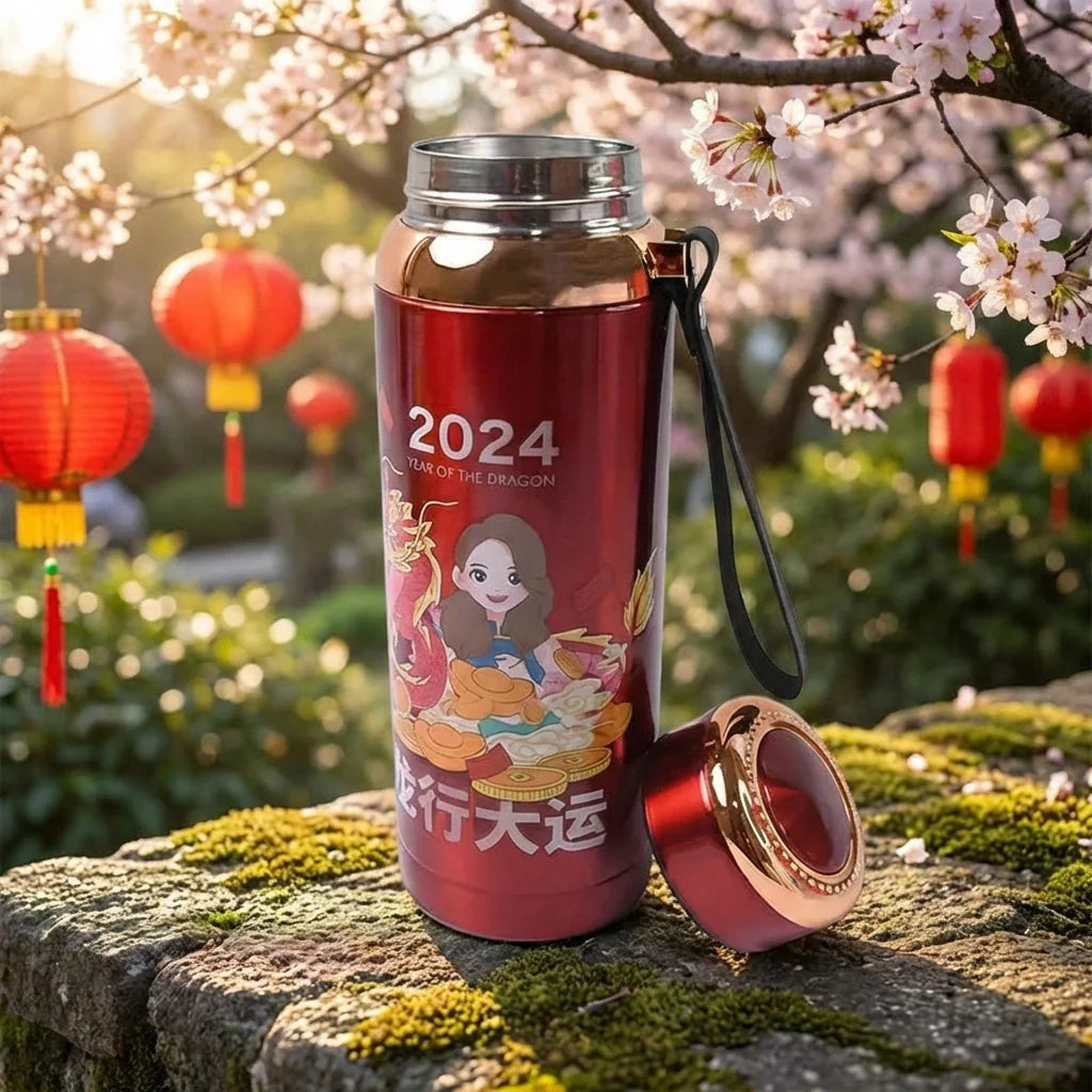 Red thermal vacuum bottle with stainless lid, side handle, and printed dragon design