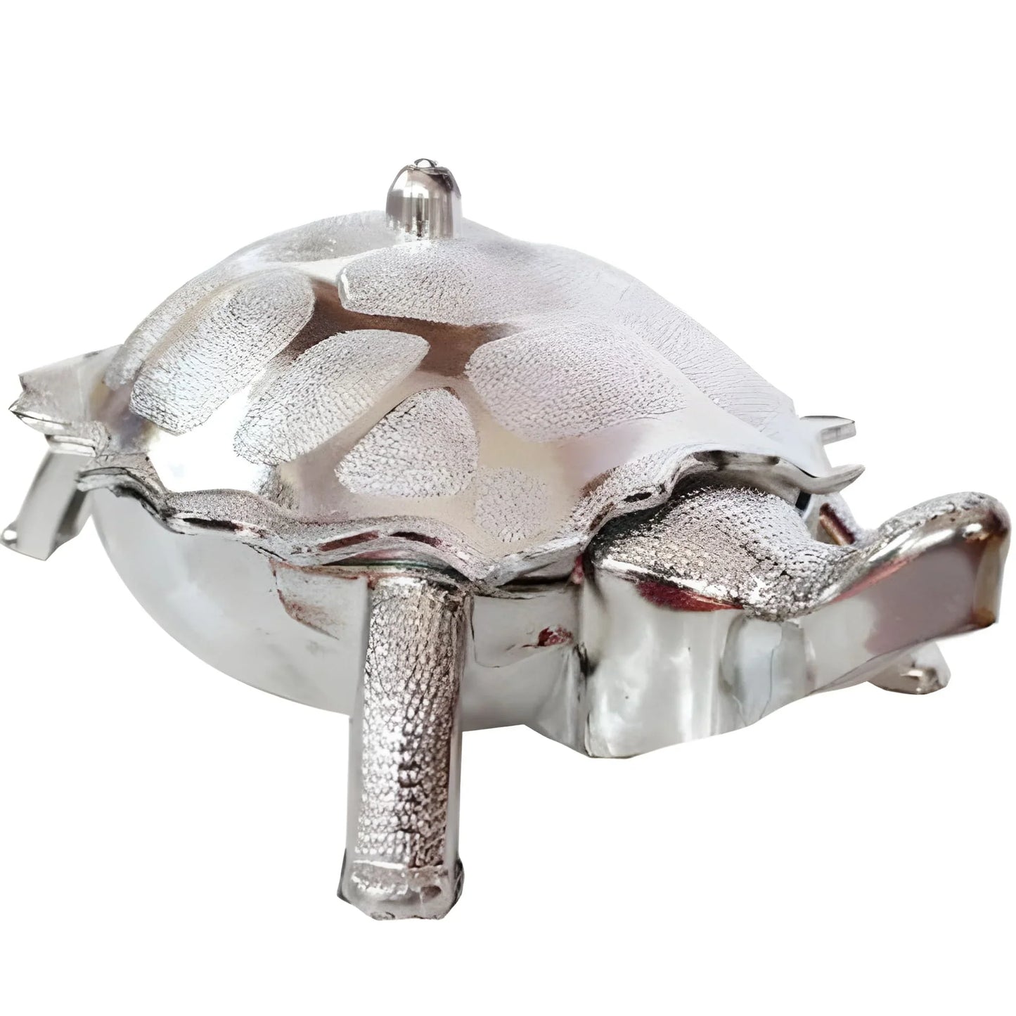 Tortoise-shaped metal dry fruit gift box with silver finish and white top padding