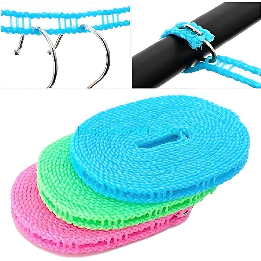 Coiled travel clothesline rope in blue, green, and pink.
