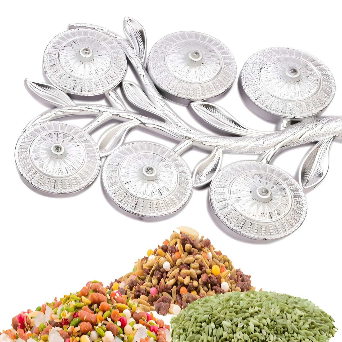 Silver metal tree serving tray with embossed circular disc ornaments