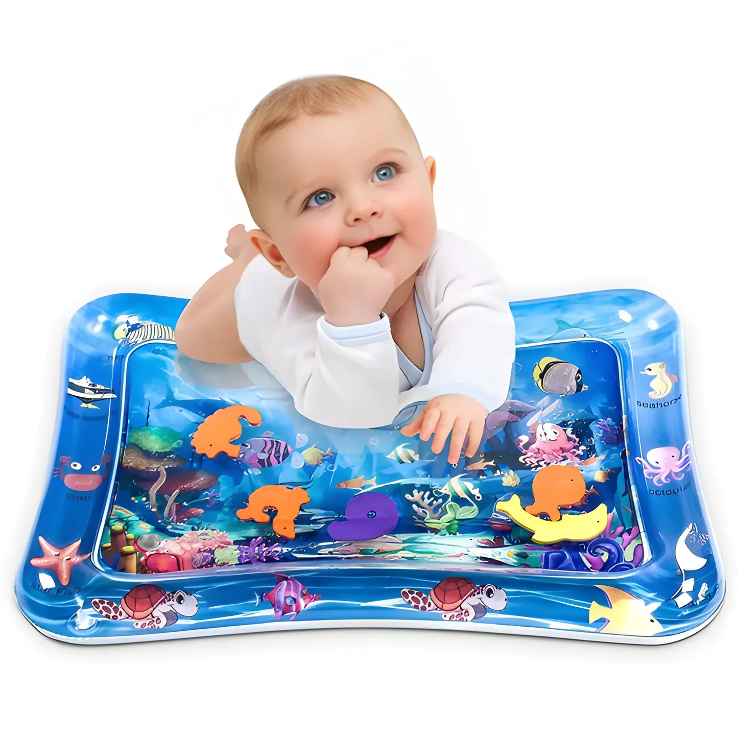 Blue baby water play mat with colorful sea animal graphics and raised edges