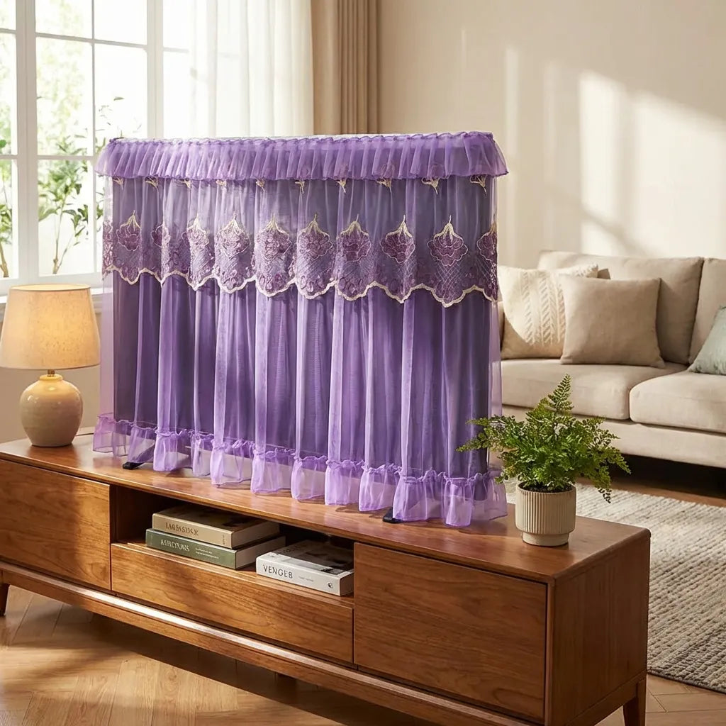 Purple TV dustproof cover with ruffled top valance and lace applique trim.
