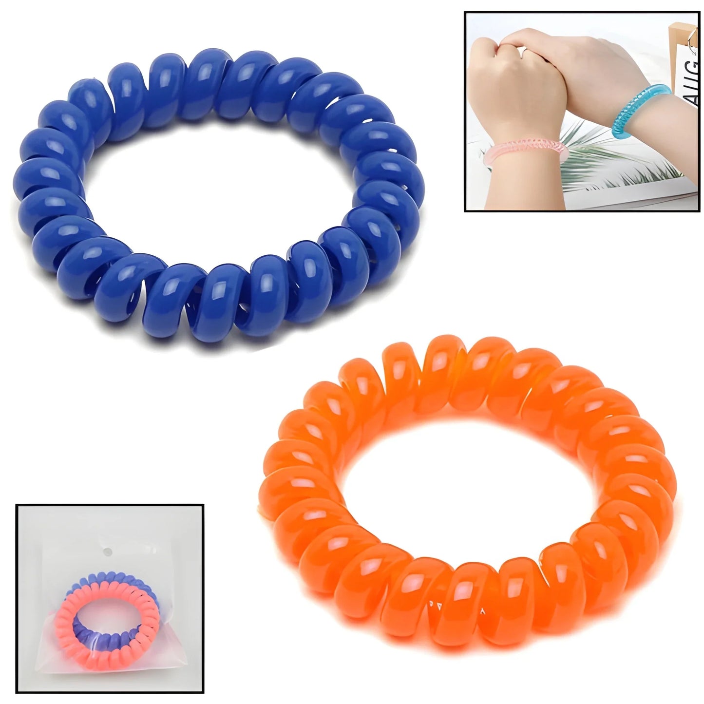 Spiral hair ties, blue and orange coiled elastic rings